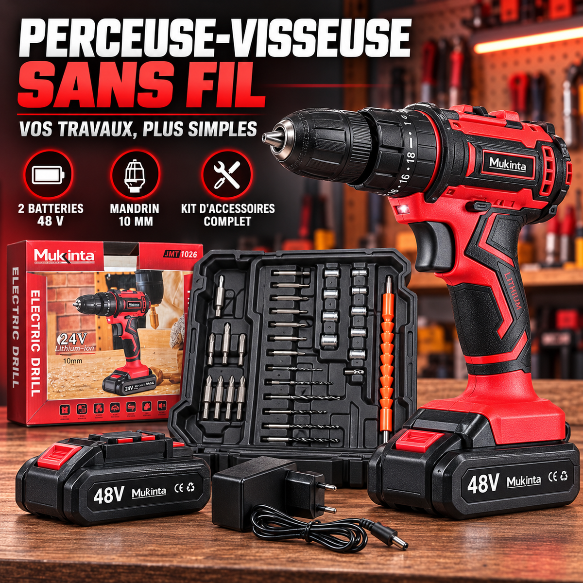 Perceuse-visseuse sans fil 48V Mukinta – Kit complet avec 2 batteries et accessoires