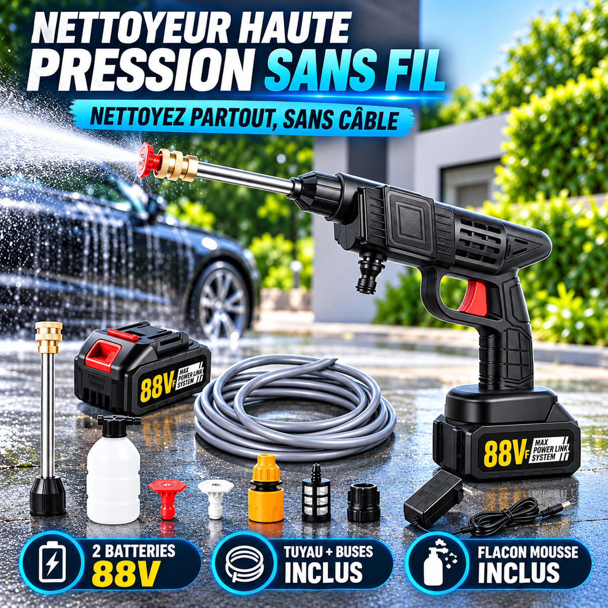 Nettoyeur Haute Pression Sans Fil 88v– 2 Batteries + Tuyau + Buses