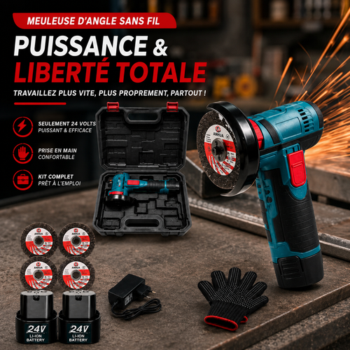 Meuleuse d'angle sans fil 24V ANHUA – Kit complet avec batteries, disques, chargeur et gants
