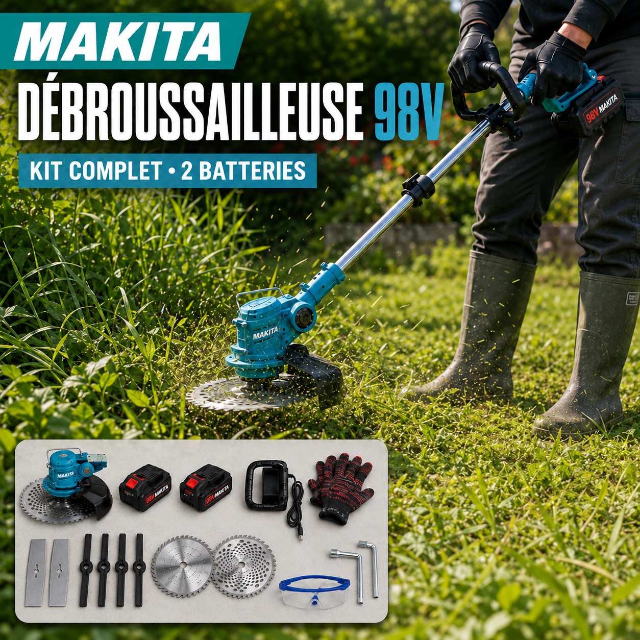 Débroussailleuse sans fil 98V Makita – Kit complet avec 2 batteries et accessoires